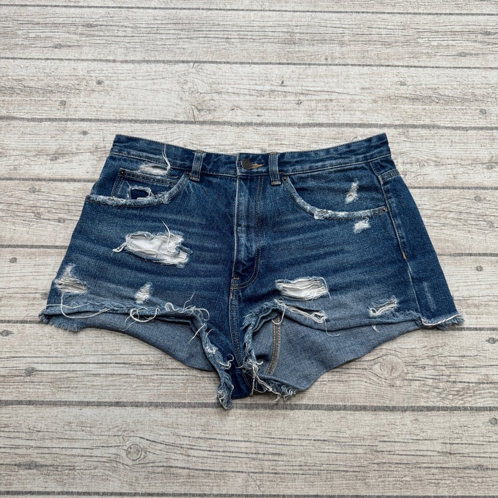 Y2K Zara Shorts Women's 6 Blue Denim Dark Wash Cut Off Distressed High Rise Fit